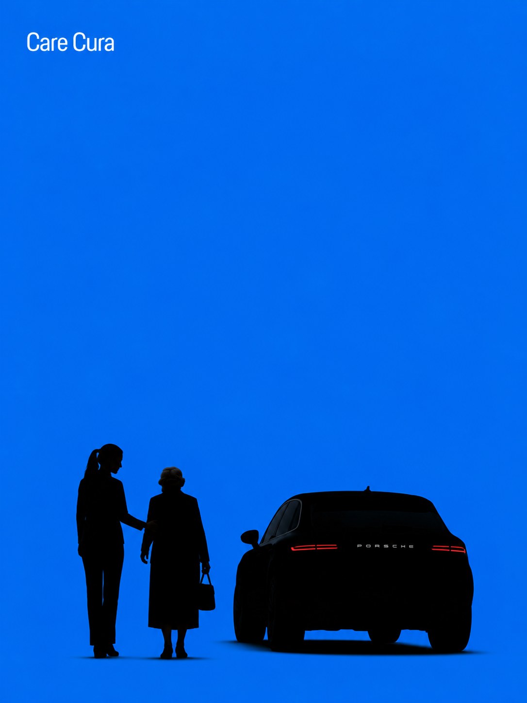 Illustration of a Care Cura caregiver walking with an older adult toward a waiting vehicle, hand at their back for support.