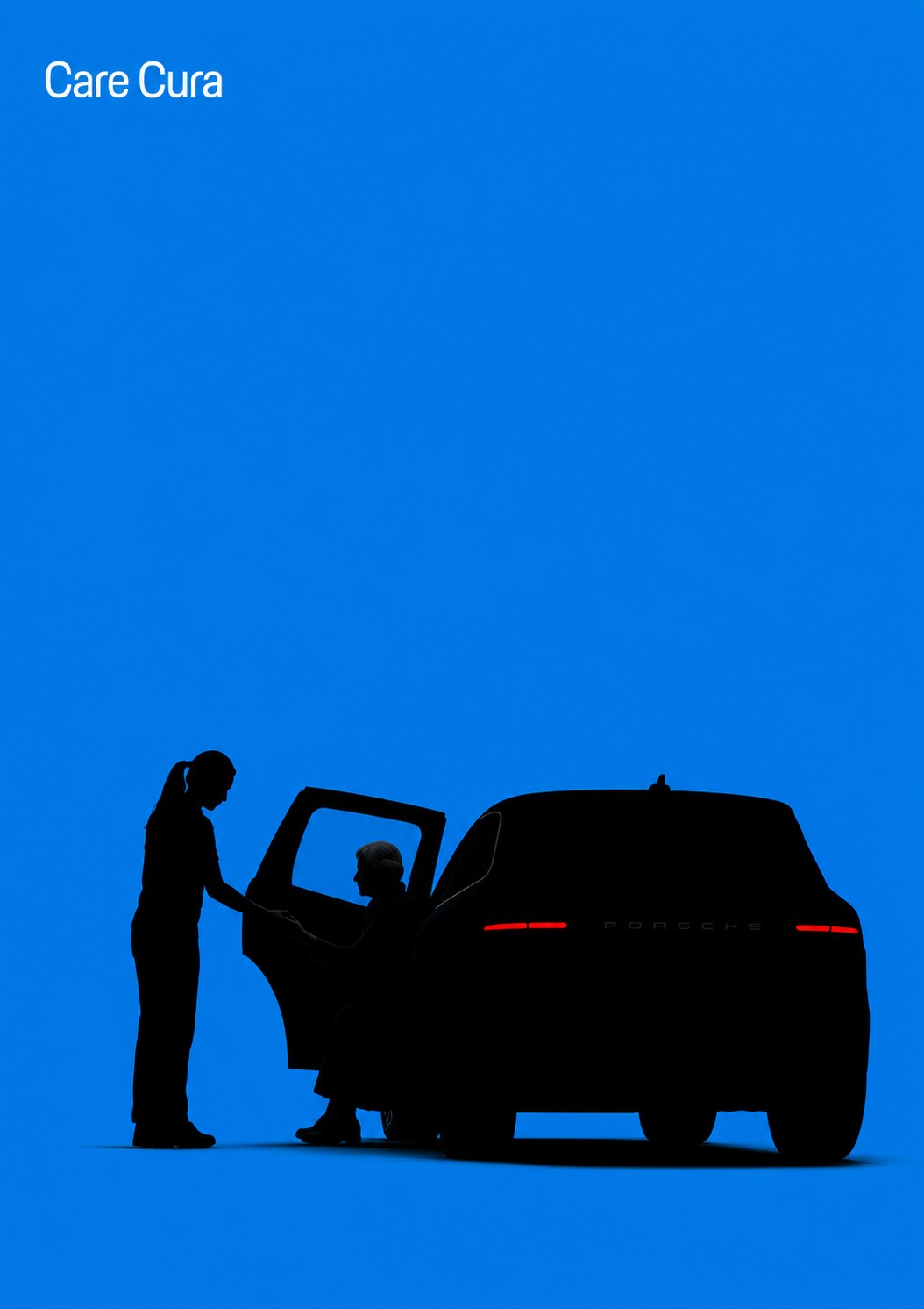 Illustration of a Care Cura caregiver assisting an older adult into the open door of a vehicle.