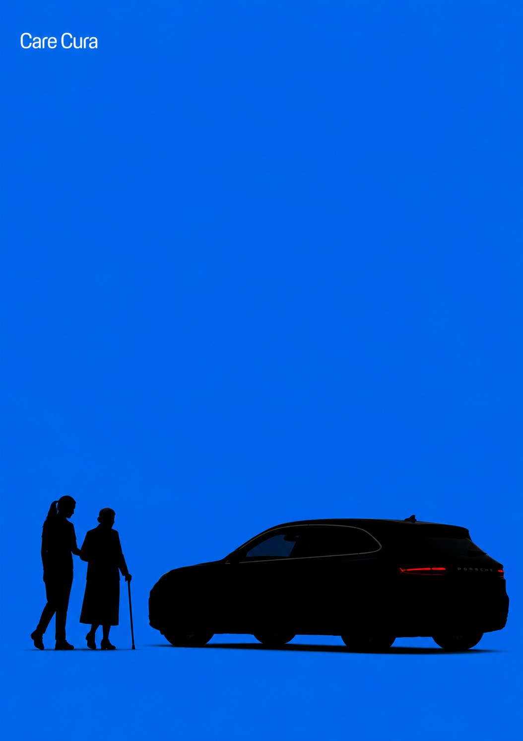 Illustration of a Care Cura caregiver walking alongside an older adult using a cane, moving toward a vehicle.