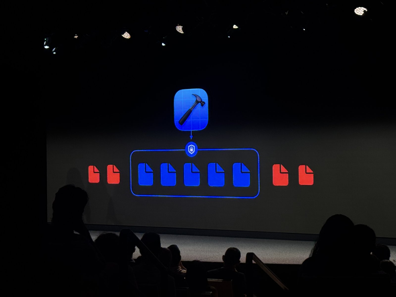 Slide from Apple WWDC26 showing Xcode's new security architecture with the Xcode icon and file protection diagram.